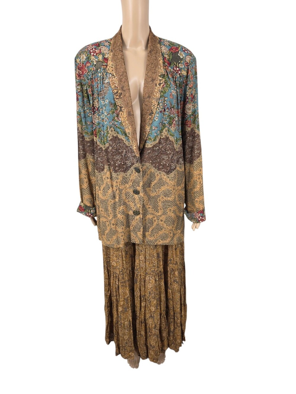 Vintage Carole Little Floral Paisley Patchwork Pattern Blazer & Maxi Skirt Set